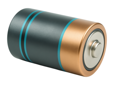 A generic grey and copper alkaline D cell battery with two blue stripes, showing the positive terminal up close, Isolated on Transparent and White Background