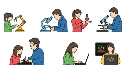 Science and Technology Education Vector Icons – Silhouette Students Working with Robots, Coding Screens, and Microscopes, Representing STEM Innovation and Digital Learning