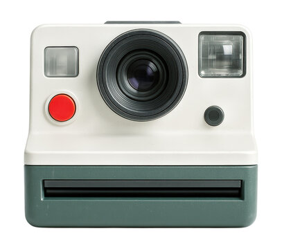 A vintage-style white and green instant film camera with a red shutter button and flash, viewed from the front, Isolated on Transparent and White Background