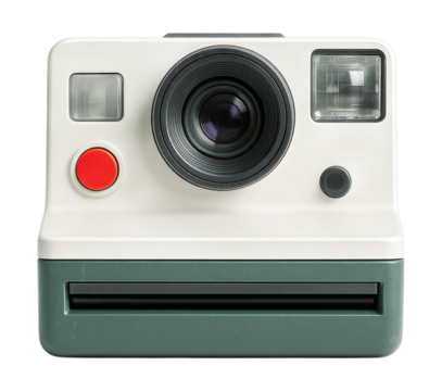 A vintage-style white and green instant film camera with a red shutter button and flash, viewed from the front, Isolated on Transparent and White Background