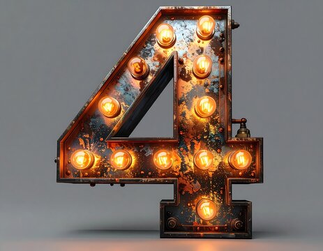 Rustic, illuminated numeral four, constructed from metal, showcasing aged and worn appearance
