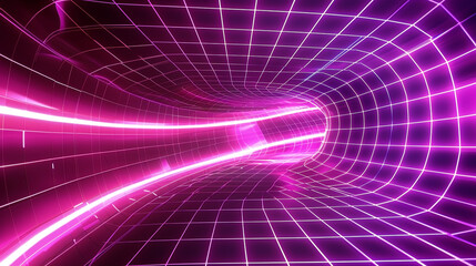 Pink-Purple Glowing Tunnel with Grid, Abstract Digital Art Presentation
