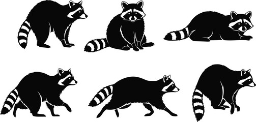 Naklejka premium Raccoon silhouette vector set, wildlife animal illustration, black and white raccoon poses, forest creature clipart, stock image bundle