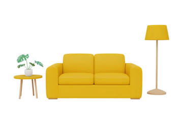 Cheerful yellow sofa with lamp and plant creating a cozy and inviting atmosphere on transparent background