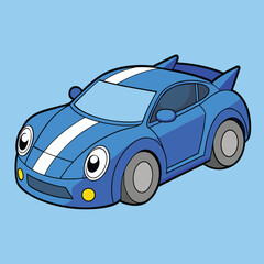 Cute blue cartoon race car with white stripes vector