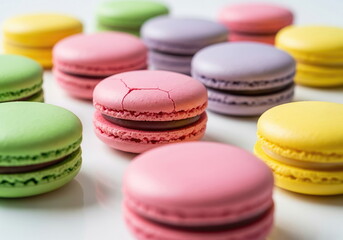 Fototapeta premium Vibrant French macarons in various pastel colors on a white background, perfect for dessert menus, sweet treats, bakery themes, or elegant celebrations.
