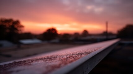 Frost-Covered Metal Railing Glistens In The Foreground With A Beautifully Blurred Orange And Pink Sunrise In The Background, Winter Morning, Cold Weather, Abstract Beauty, frosty morning
