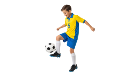 football soccer with ball in indoor sports environment, active lifestyle, side view action photo kid playing soccer