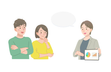 タブレットを持って夫婦に説明をするビジネスウーマン