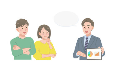 タブレットを持って夫婦に説明をするビジネスマン