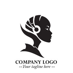 woman, robot, head, logo, symbol, black, white, background, beautiful, futuristic, minimalist, vector, illustration, design, art, modern, clean, abstract, creative, outline, silhouette, cyber, android