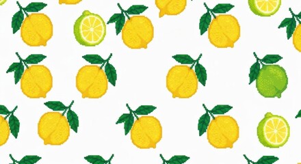 Pixel Art Lemons and Limes Pattern Yellow Citrus Fruits on White Background with Green Leaves Freshness Vibrant Colors