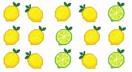 Pixel Art Lemons and Limes Yellow and Green Citrus Fruits Pattern on White Background