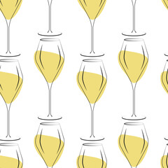 Hand Drawn Stemmed Wine Glass with Abstract spot as White Wine Seamless Pattern Transparent Backdrop
