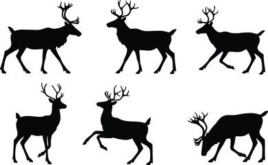 PrintDeer silhouette vector, wildlife animal illustration, antlered deer poses, grazing and rearing deer, black silhouette art, nature design element