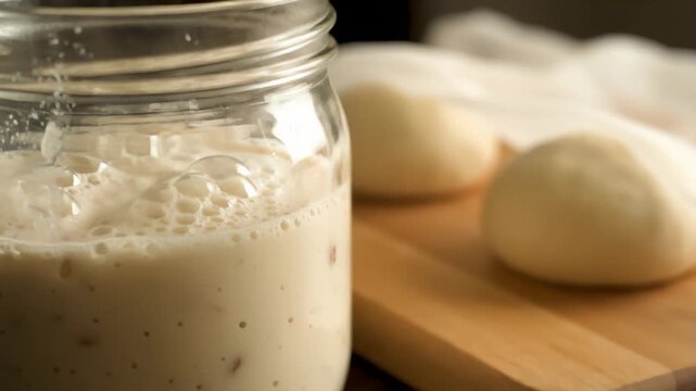Active Sourdough Starter in Jar, With Dough Balls on Cutting Board