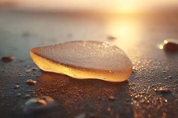 A Piece Of Amber Sea Glass Glistens On A Wet Sandy Shore At Sunset, Natural Beauty, Tranquility, Found Objects, sea glass, beach sunset, coastal treasure