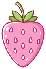 Cartoon strawberry illustration with pink fruit, green leaves, and seeds