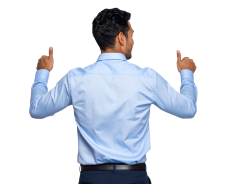 Rear View of Smiling Hispanic Man in Suit Pointing and Showing Thumbs Up — Motivation and Achievement Theme