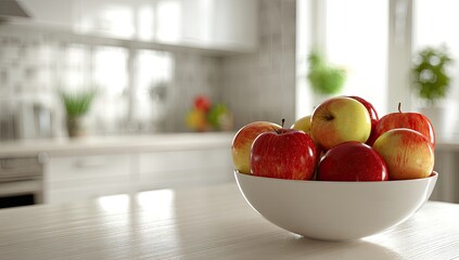 Bowl of apples on counter in bright kitchen