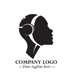 Head of Beautiful Woman as Robot Logo Symbol in Black on the White Background Futuristic Design