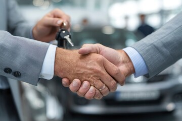Obraz premium A focused close-up captures two individuals in professional attire engaged in a firm handshake, symbolizing a successful business transaction, agreement, or partnership. One hand is shown holding a se