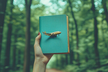 A hand holds a teal notebook with a small airplane on it, set against a lush, green forest background, symbolizing travel and adventure.
