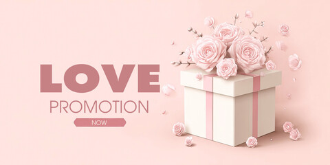 A romantic gift box adorned with pink roses, promoting love with a soft pink background and elegant typography.