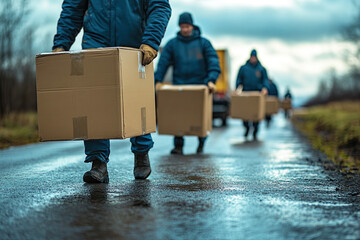Workers in blue jackets carry cardboard boxes along a wet road, suggesting a logistics or delivery operation in a rural setting.