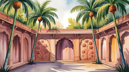 Miniature landscape with garden pavilion and palm trees, watercolor style
