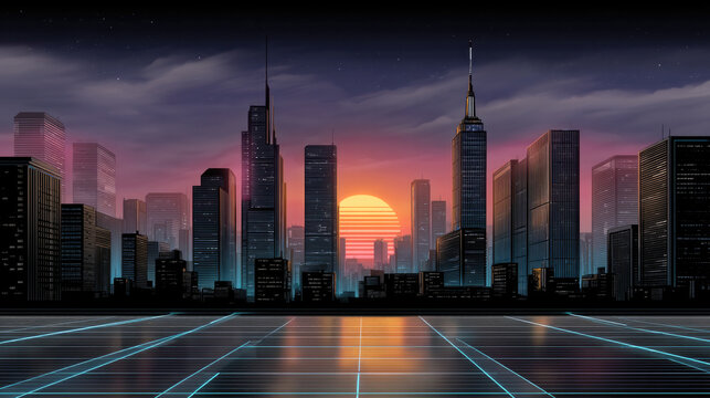 Synthwave city skyline sunset neon grid foreground futuristic skyscraper glowing sun vibrant color digital art night urban landscape