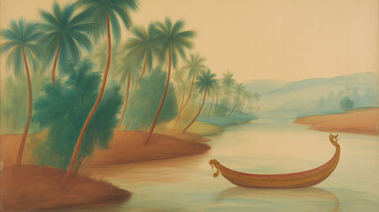 Miniature landscape with garden pavilion and palm trees, watercolor style
