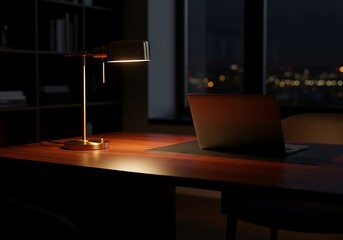 Nighttime Workspace - Laptop and Lamp on Wooden Desk with City View.