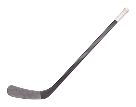 Black ice hockey stick with a curved blade and white taped handle for grip, a professional sports equipment, Isolated on Transparent and White Background