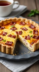Delicious Quiche Lorraine with Crispy Bacon and a Cup of Tea.