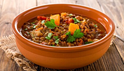 A hearty lentil stew with pumpkin and parsley in a rustic bowl