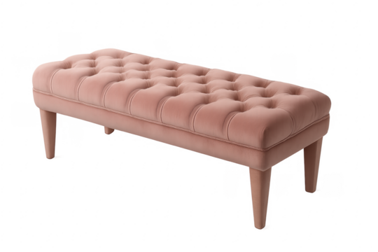 Pink velvet tufted ottoman bench with transparent background