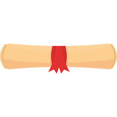 A rolled diploma scroll tied with a red ribbon on a white background signifying achievement and education in a classic style