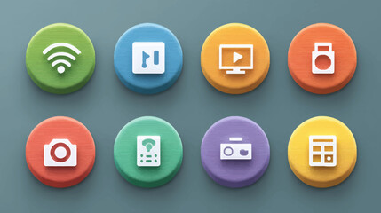 Vector Icon Set of Communication and Technology Symbols in Modern Flat Style with Bright Color Palette