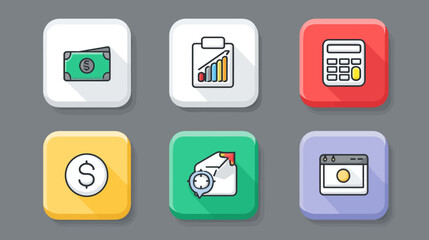 Vector Icon Set for Financial and Business Applications in Modern Flat Style with Bright Color Palette
