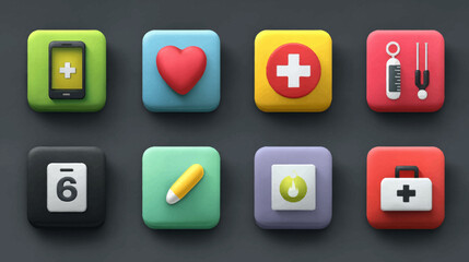 Vector Icon Set of Medical and Healthcare Symbols in Flat Style with Bright Colors for Digital and Print Applications