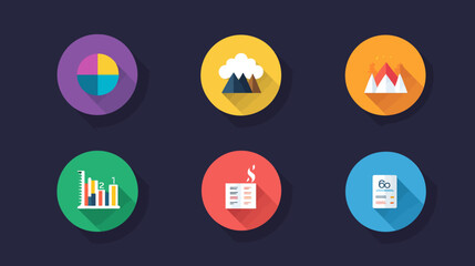 Vector Icon Set of Data Charts and Mountain Landscapes in Modern Flat Style with Bright Colors