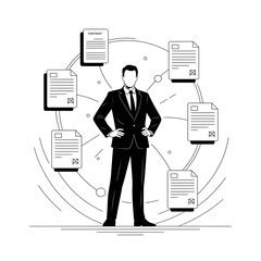 “Businessman Surrounded by Floating Data Files – Digital Information Network and Workflow Management Concept”