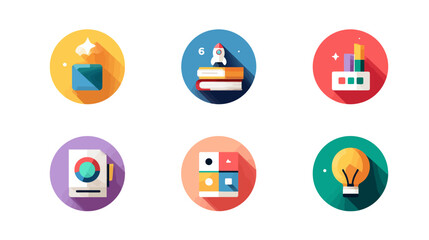 Vector Icon Set of Educational and Creative Symbols in Flat Geometric Style with Bright Color Palette
