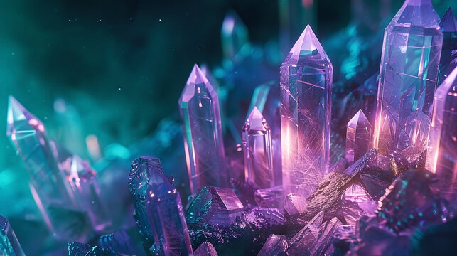 Enchanting cluster of amethyst crystals sparkling against a cosmic backdrop