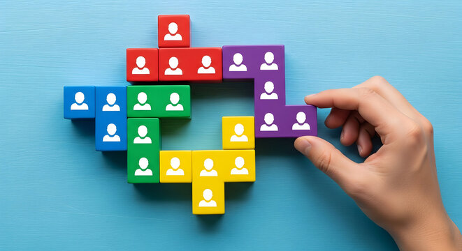 Team building with colorful blocks and person icons, strategic puzzle piece