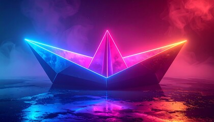 A neon origami boat floats amidst blue and red-tinted fog