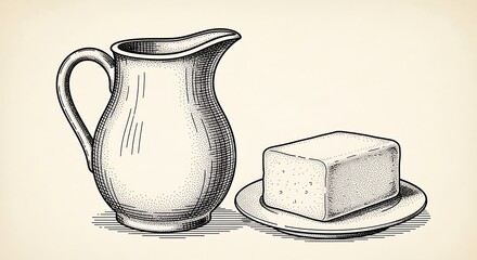 Vintage Milk Jug and Butter Block Illustration on Plate.