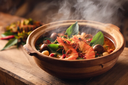Enjoy this steaming bowl of authentic Thai shrimp stew, a culinary delight that brings warmth and flavor to any dining experience, ideal for food blogs or restaurant menus