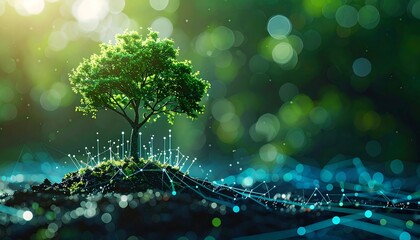 A small tree sprouting on soil connected to a network with green bokeh